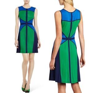 BCBGMAXAZRIA Colette Jersey Dress Mini Colorblock Cocktail Sleeveless Blue Green